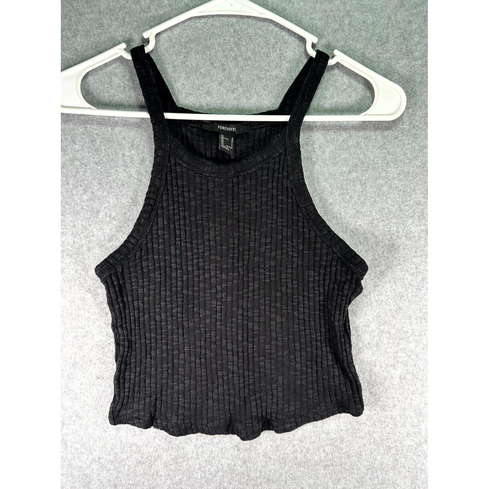 Forever 21 Cropped Tank Top Womens Large Black Ribbed Knit Racerback Round Neck